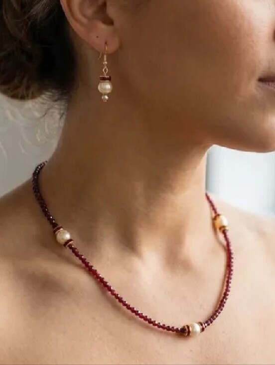 Handmade Jewelry - NWT 14kt GF Garnet and Pearl Necklace 18" with Matching Earrings